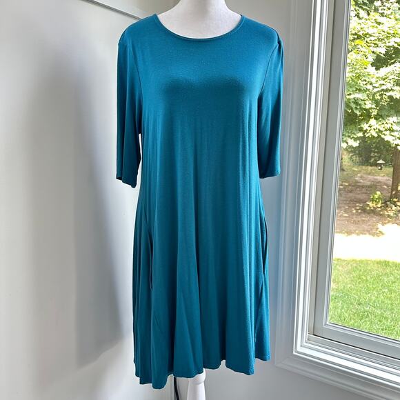 Eileen Fisher Blue Small Shift Shirt Dress w/ Pockets Relaxed Comfortable Casual - Picture 1 of 8